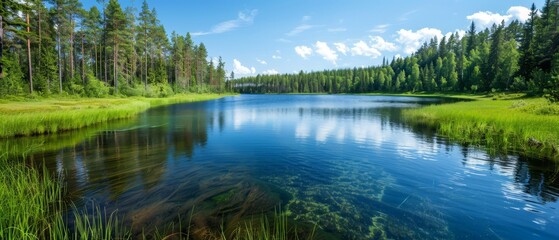 Fototapeta premium A tranquil body of water, encircled by verdant green grass, adjoins a forest Beyond the water lies a blue sky adorned with fluffy white clouds
