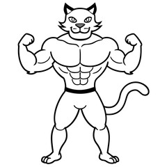 A ferocious cat athlete posing line art vector illustration