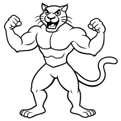 A ferocious cat athlete posing line art vector illustration