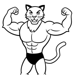 A ferocious cat athlete posing line art vector illustration