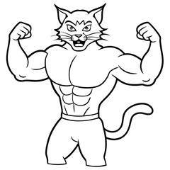 A ferocious cat athlete posing line art vector illustration