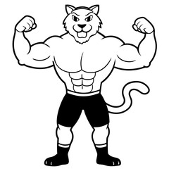 A ferocious cat athlete posing line art vector illustration
