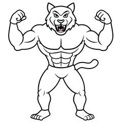 A ferocious cat athlete posing line art vector illustration