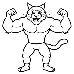 A ferocious cat athlete posing line art vector illustration