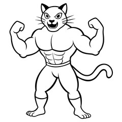 A ferocious cat athlete posing line art vector illustration