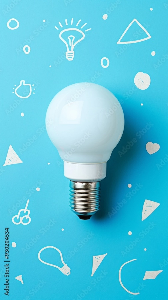 Poster a white light bulb rests on a blue background filled with playful doodles and shapes, highlighting a