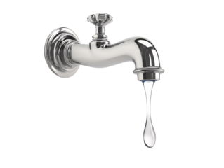 a silver faucet with a drop of water