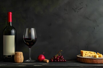 A rustic still life of red wine, cheese, and grapes on a wooden table with a textured gray backdrop