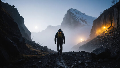 Fototapeta premium Island Unknowns in Foggy Winter: The Trailblazer's Sojourn Enveloped in Landslide