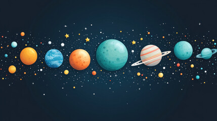 Planet solar system,  2D illustration of colorful planets in a solar system, arranged in a flat minimal style on a white background, showcasing distinct colors and sizes, with