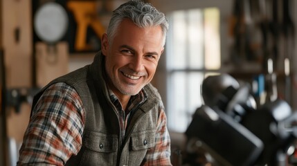 Fototapeta premium Smiling Mature Craftsman in Workshop Environment
