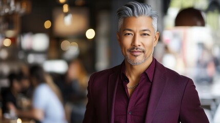 Fototapeta premium Confident Mature Asian Man in Stylish Maroon Jacket at Cafe