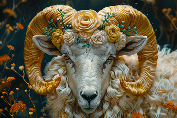 a white ram with yellow flowers on its head