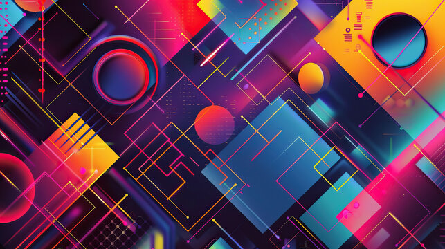 Abstract colorful geometric shapes futuristic digital art vibrant neon sci-fi design modern technology visual elements