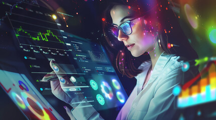 Obraz premium Business plan illustration. Woman with data board and infographics