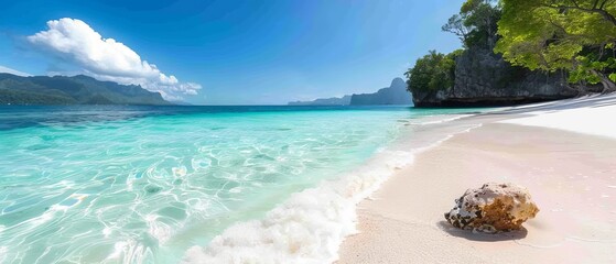  A sandy beach with a large rock in the middle of the shallow waters, and a cliff towering over it on the opposite shore
