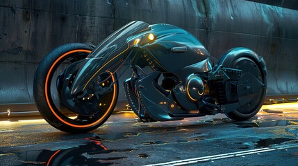 Futuristic motorcycle parked in urban setting.