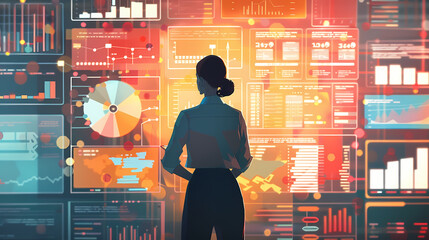 Business plan illustration. Woman with data board and infographics