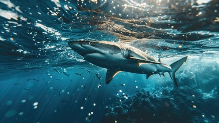 Naklejka premium Shark moving effortlessly in the vast ocean (focus on, underwater elegance, dynamic, Overlay, Open water)