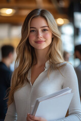Fototapeta premium Project Coordinator, A female project coordinator stands confidently in an office, holding organized paper files and smiling at the camera, with blurred colleagues engaged in