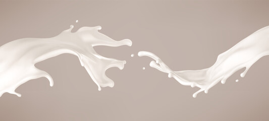 Milk splashes. Natural dairy product, yogurt or cream splash with flying drops. Realistic Vector illustration