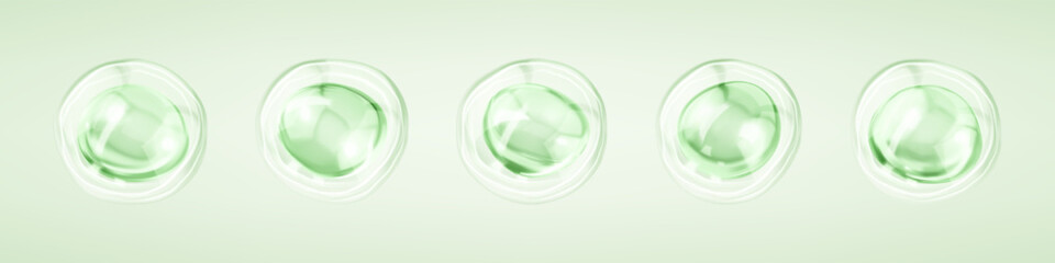Transparent green liquid bubbles. Collagen serum bubbles. Cosmetic essence. Concept skin care cosmetics solution. Vector 3d illustration