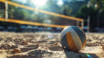 Volleyball on the beach, with a sand volleyball court and sunlight in the background.