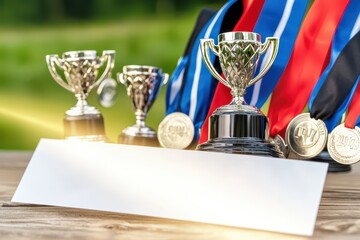 A collection of shiny trophies and medals set on a table, perfect for celebrating achievements and victories in competitions.
