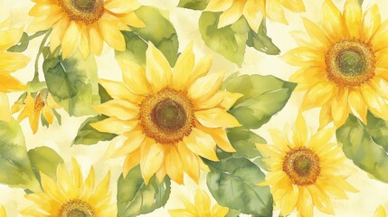 Obraz premium A vibrant watercolor illustration of sunflowers with green leaves on a light background.