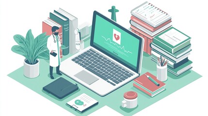 Obraz premium A medical doctor conducting a virtual consultation on a laptop, surrounded by medical books and tools, highlighting telemedicine technology.