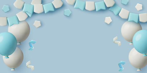 Birthday or baby shower 3D vector blue background with balloons, party bunting flags and confetti. Cute pastel three dimensional banner design.