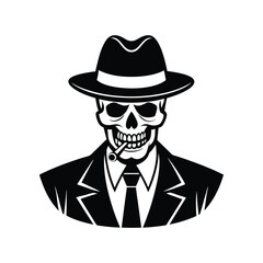 Mafia gangster skull with cigar and wearing a hat 
