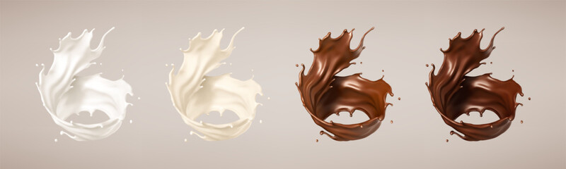 Milk and chocolate splashes. Milkshake and melted choco. Realistic vector illustration