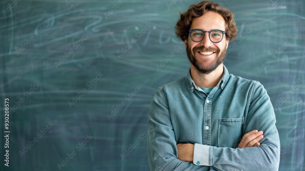 Poster a lecturer exudes confidence with a smile, standing relaxed in front of a chalkboard in a classroom