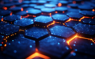Obraz premium 3D Rendering: Hexagonal Geometric Shapes on Dark Blue Background