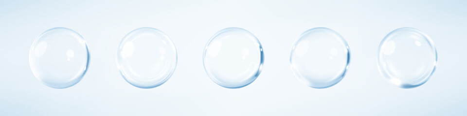 Collagen serum or essence drops on blue background. Collagen serum bubbles. Cosmetic essence. Concept skincare cosmetics solution. Vector 3d illustration