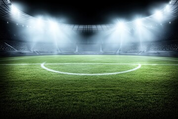 Obraz premium A dramatic view of a soccer field illuminated by bright stadium lights, perfect for sports-themed projects and promotions.