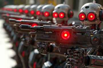 Fototapeta premium Row of combat ready humanoid robots with glowing red eyes symbolizing the formidable presence of AI driven robotics in future military scenarios