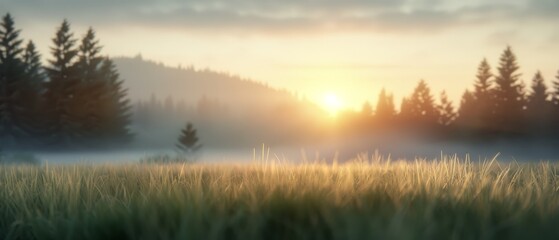 Obraz premium A grassy field with trees in the backdrop and a foggy sky, foregrounded by a sun setting in the distance