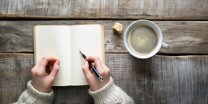 Point-of-view of a person writing in a diary, with a cup of coffee nearby on rustic wooden table.