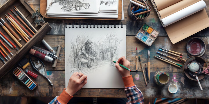 Point-of-view of a person drawing on a sketchpad, with pencils and art supplies spread out on a wooden table, and the sketchpad showing a partially completed drawing.