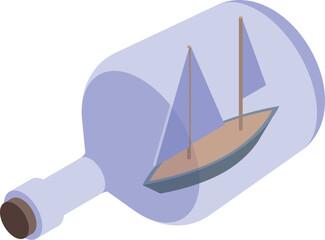 Glass bottle containing a model ship with sails is depicting freedom, adventure, and travel