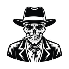 Mafia gangster skull with cigar and wearing a hat 
