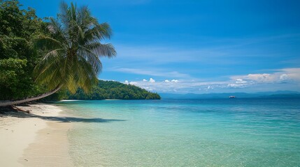 Fototapeta premium Idyllic Tropical Beach with Lush Palm tree and Crystal Clear Water philippines, south east asia landscape 