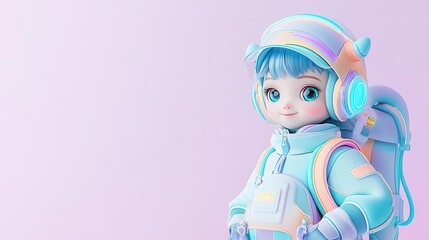 Fototapeta premium Whimsical childlike character dressed in a futuristic outfit, bright neon colors, cartoonish style, soft glowing edges, set against a pastel background