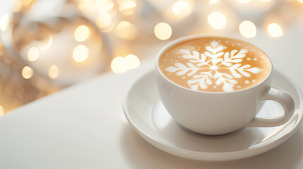 Cup of coffee with snowflake latte art on a white surface with warm holiday lights in the background