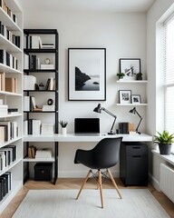 Modern minimalist home office with white walls, black accents, and a black desk chair.