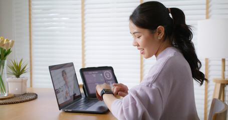 Asia people young woman video call talk chat help guide online at home by AI tele consult...