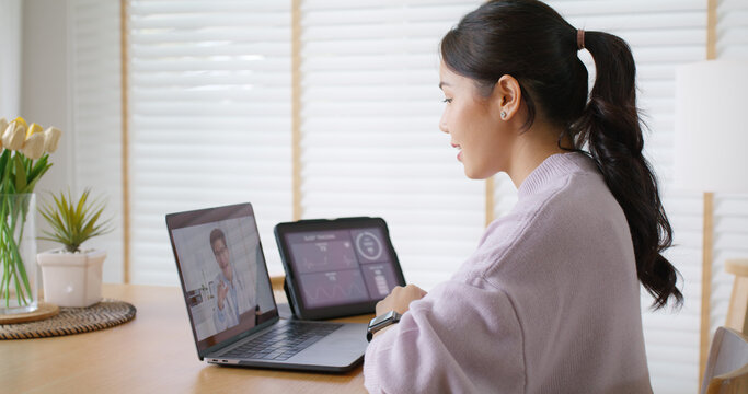 Asia people young woman video call talk chat help guide online at home by AI tele consult telehealth telemedicine app clinic in IoT device collect ECG data heart pulse sleep rate on cloud computing.