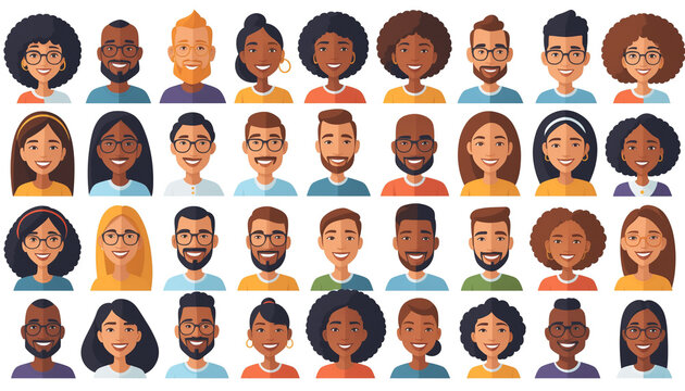 Set isol&eacute; illustration portrait photo profil avatar personnes diversit&eacute;.